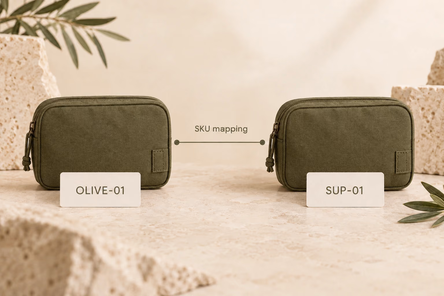 The olive organizer SKU links to the same supplier product variant